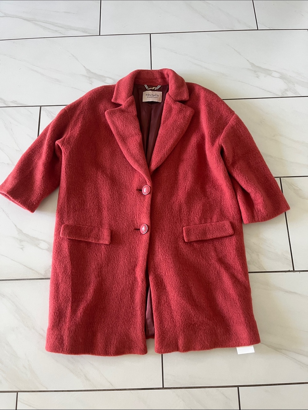 MaxMara Coral-Red Wool Blend Single-Breasted Pea Coat